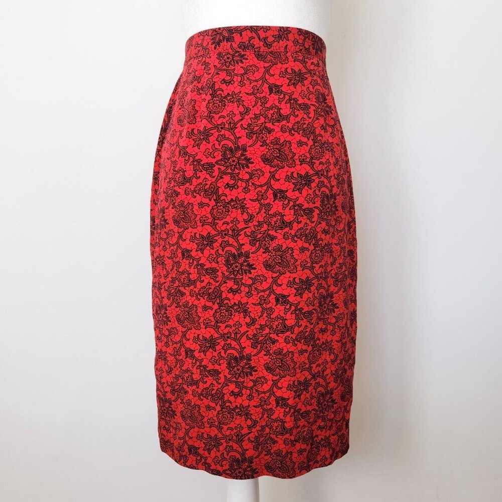 Vintage Red Floral Midi Skirt Pleated‎ Size 8 Apostrophe Pencil Black Whimsigoth
